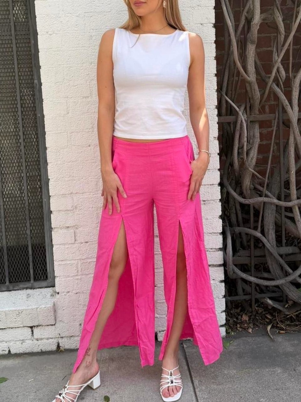 Hot pink front slit wide leg linen pants S #linenpants #summer #festival